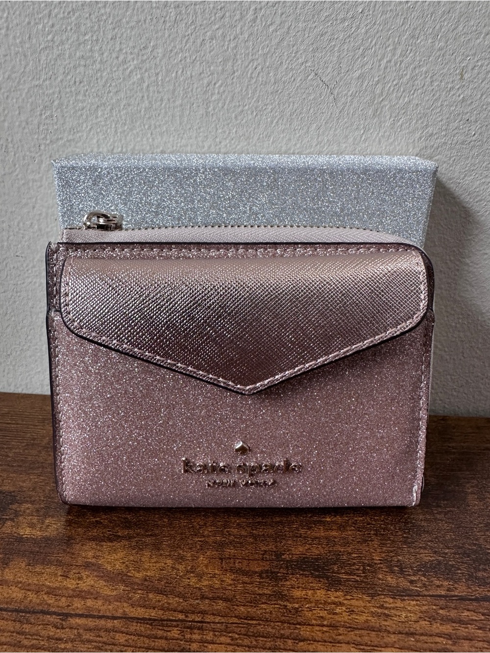 Kate Spade Tinsel Boxed Small Card Case Wallet Set Rose Gold‎ Glitter NIB K8715
